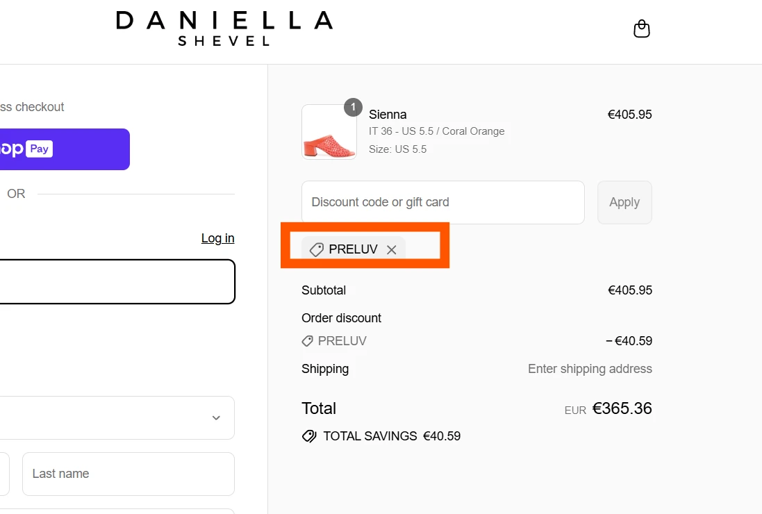 Daniella Shevel discount code PRELUV verified checkout